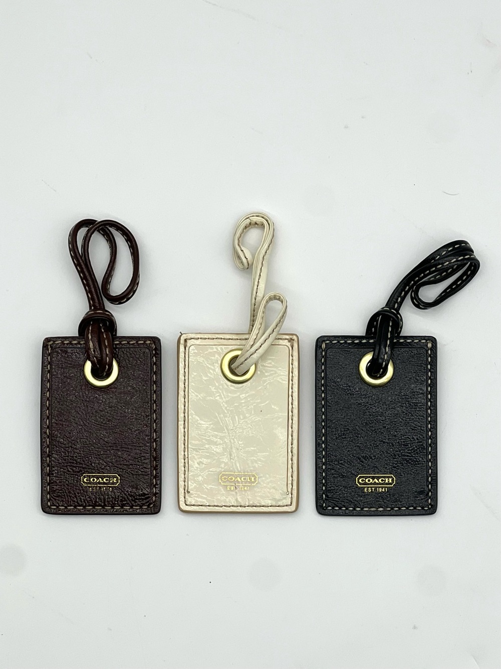 Coach Vintage Leather Luggage Tag Trio in Brown, Cream & Black